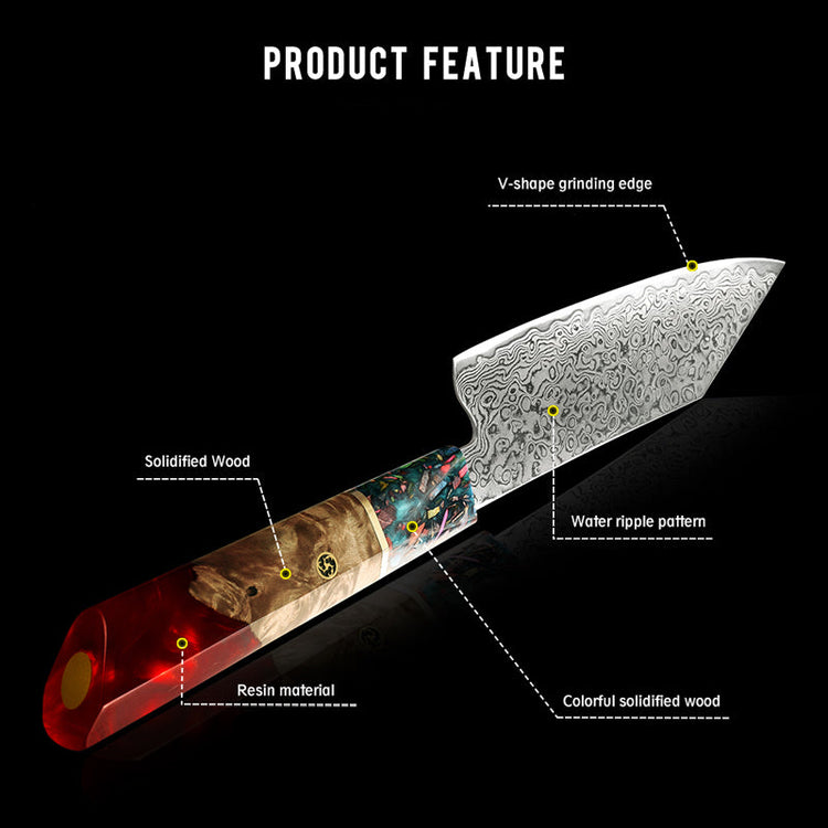 Infographic calling out the features of the Damara Hirameki knife, including the resin handle, solidified wood, and water ripple Damascus pattern