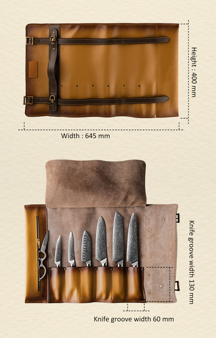 Technical specifications of Damara leather knife roll showing 645mm width, 400mm height and 60mm slot width