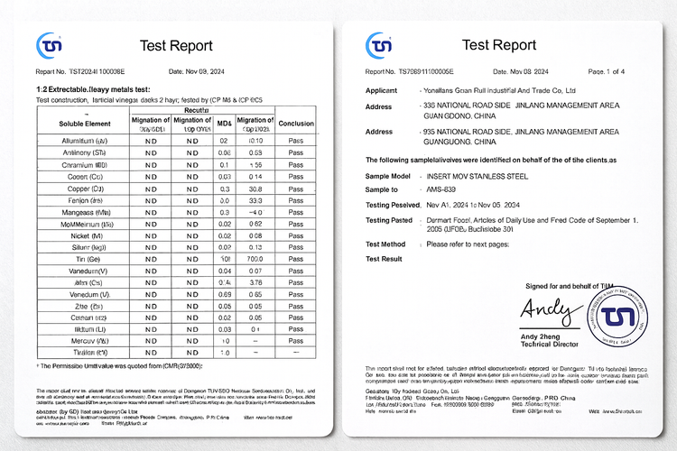Official SGS test report verifying Damara knives meet food safety standards for heavy metal migration