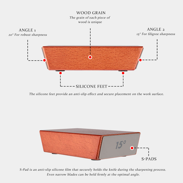 Close up view of knife blade attached to magnetic angle guide while rolling sharpener grinds the edge