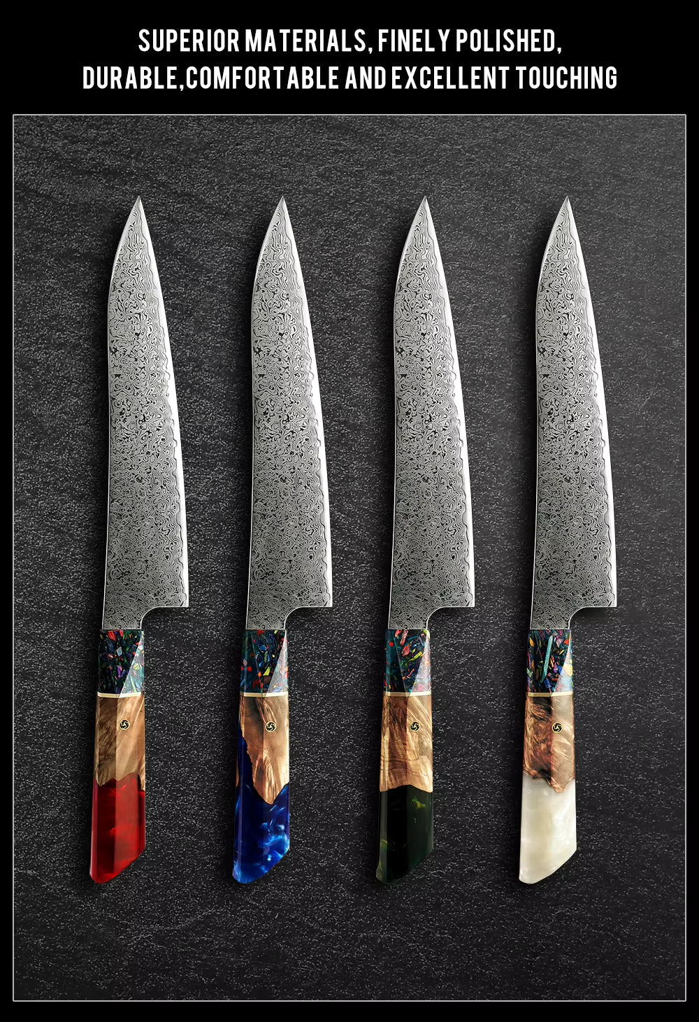 A lineup of four Damara Kensei chef knives showing the different handle color options: Ruby Red, Sapphire Blue, Emerald Green, and Pearl White.