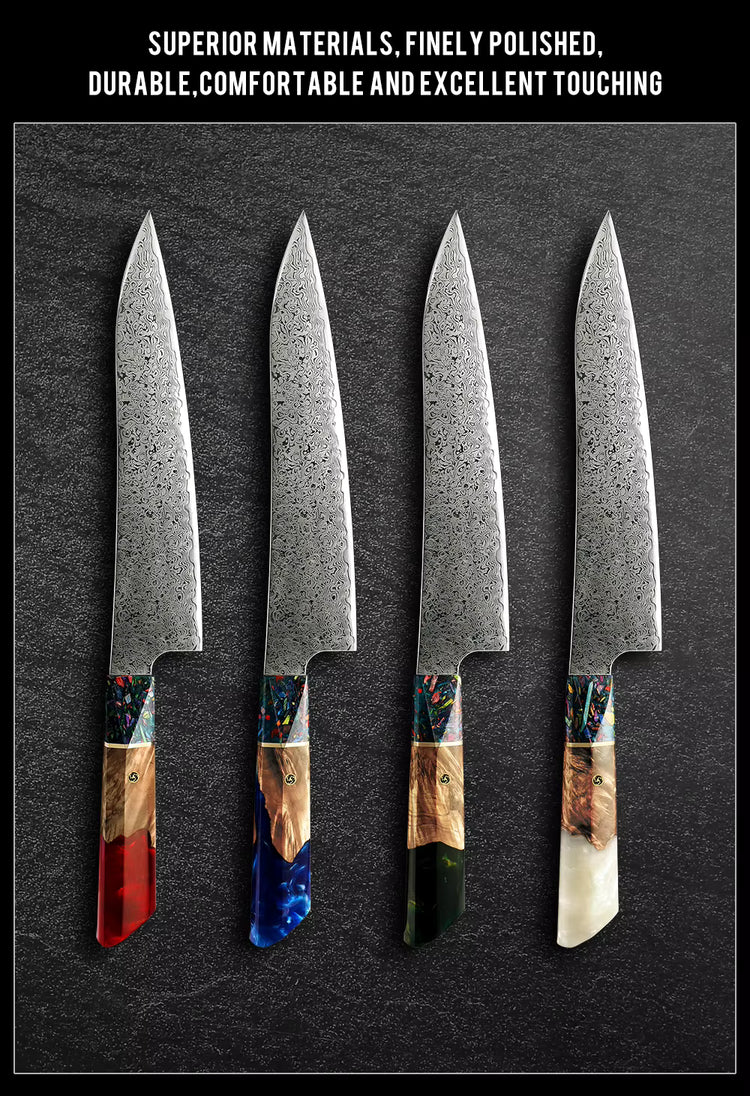A lineup of four Damara Kensei chef knives showing the different handle color options: Ruby Red, Sapphire Blue, Emerald Green, and Pearl White.