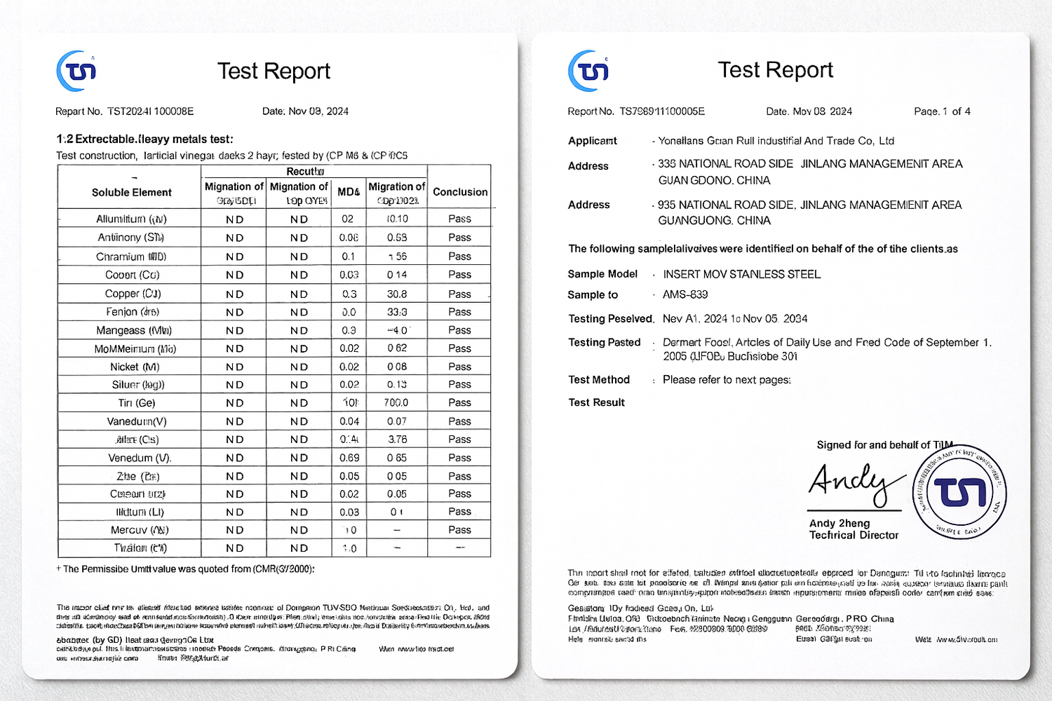 Official SGS test report verifying Damara knives meet food safety standards for heavy metal migration
