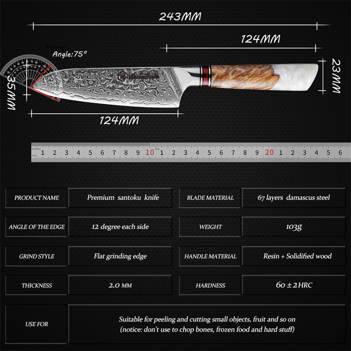 Infographic showing the dimensions and technical specifications of the Damara Chisai 5-inch Santoku utility knife.