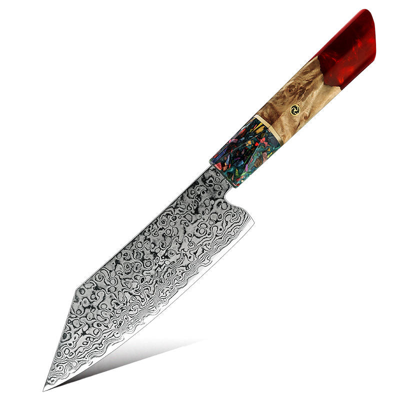 Damara Hirameki 5.5-inch Bunka knife with Damascus steel blade and colorful resin handle on a white background.