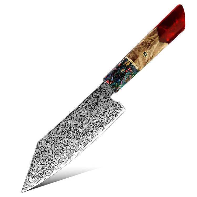 Damara Hirameki 5.5-inch Bunka knife with Damascus steel blade and colorful resin handle on a white background.