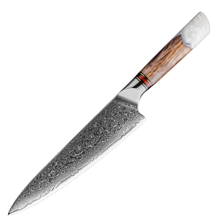Damara Kaku 8-inch chef’s knife with Damascus steel blade and a white marble-like resin handle, on a white background