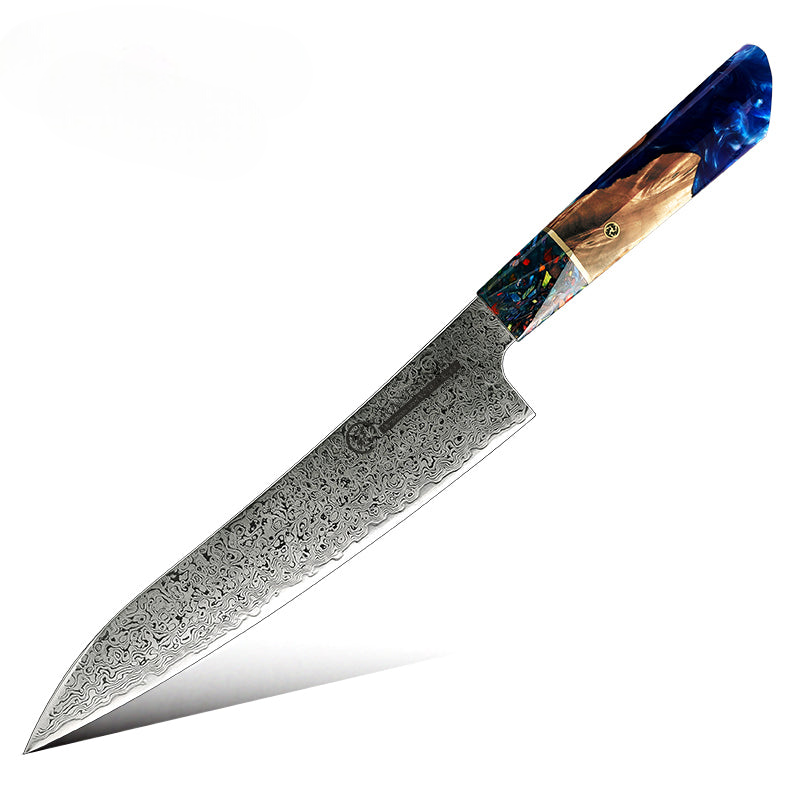 Damara Kensei 8.6-inch chef knife with a Damascus blade and a vibrant handle in Sapphire Blue resin and wood