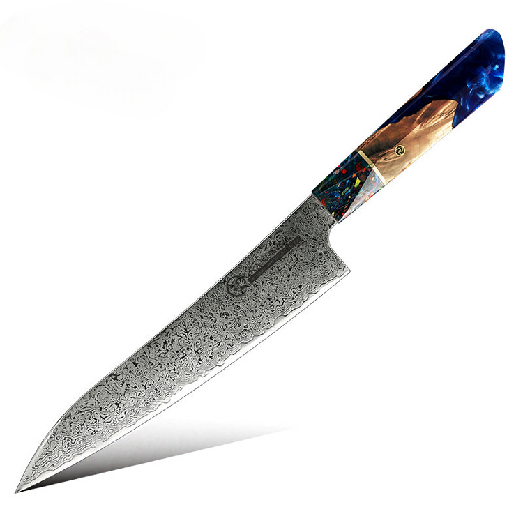 Damara Kensei 8.6-inch chef knife with a Damascus blade and a vibrant handle in Sapphire Blue resin and wood