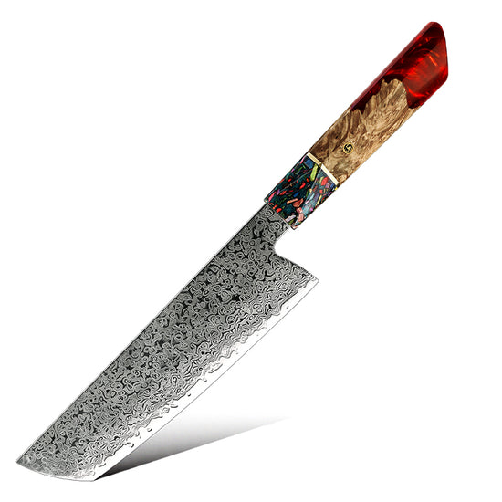 Damara Ryujin 8-inch Kiritsuke knife with Damascus steel blade and red resin handle, on a white background.