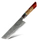 Damara Ryujin 8-inch Kiritsuke knife with Damascus steel blade and red resin handle, on a white background.