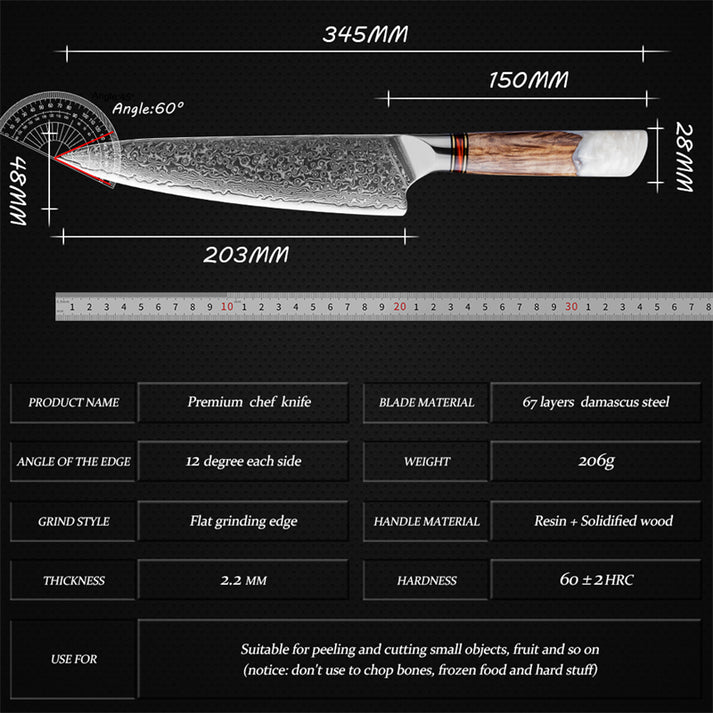 Infographic showing the dimensions and technical specifications of the Damara Kaku 8-inch chef’s knife.