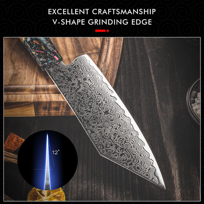 Close-up of the Damara Hirameki knife’s K-tip with a graphic illustrating the sharp 12-degree V-shape grinding edge.