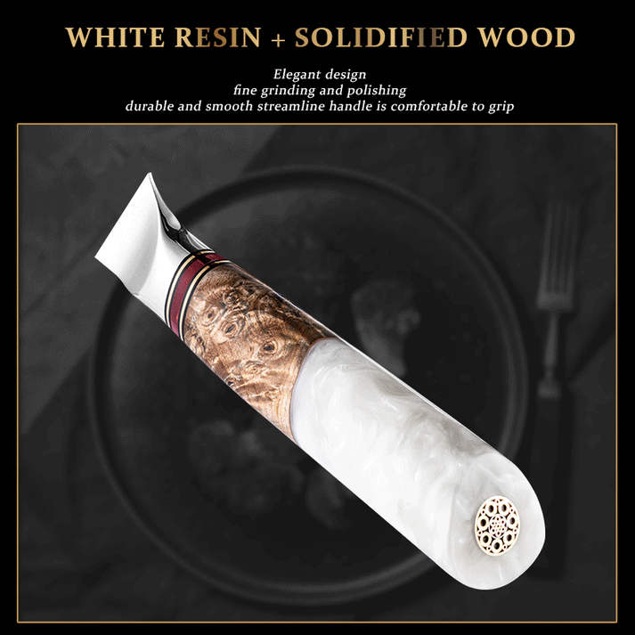 Internal construction of Damara knife handle showing white resin, solidified wood, and hidden tang
