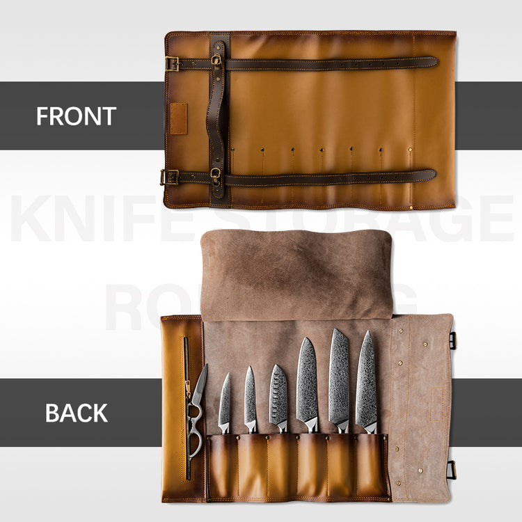 Open view of Damara leather chef bag showing 6 knife slots filled with Damascus knives and zipper pouch
