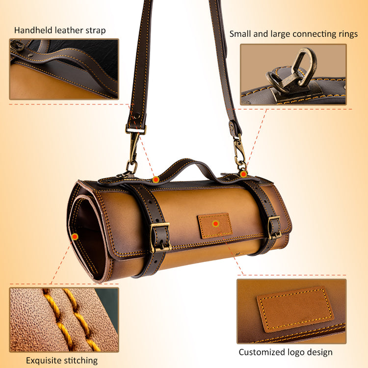 Interior leather safety flap folded down covering knife blades to prevent scratches and injury