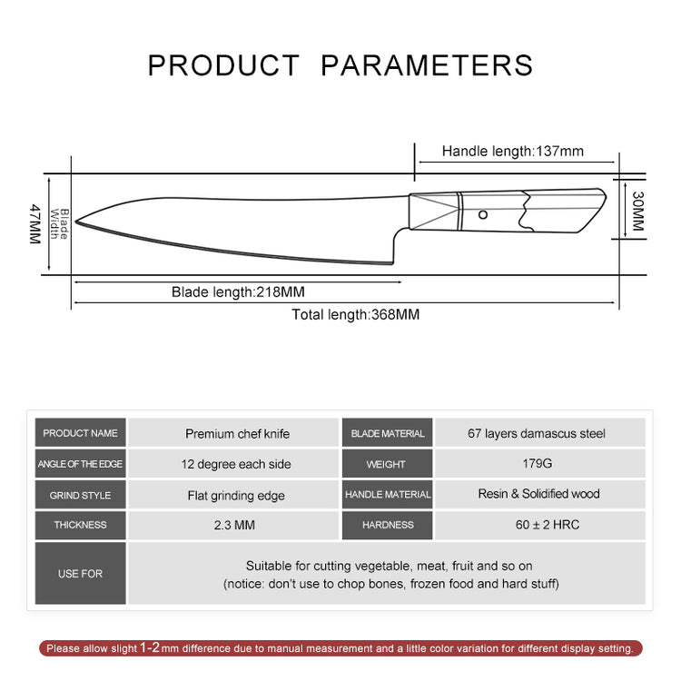 Technical specifications of Damara Kensei 8.6 inch knife showing 179g weight and 218mm blade length