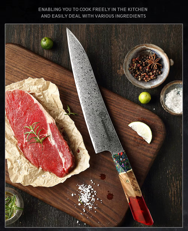Damara Kensei Damascus Chef knife placed next to raw beef steak on dark culinary background