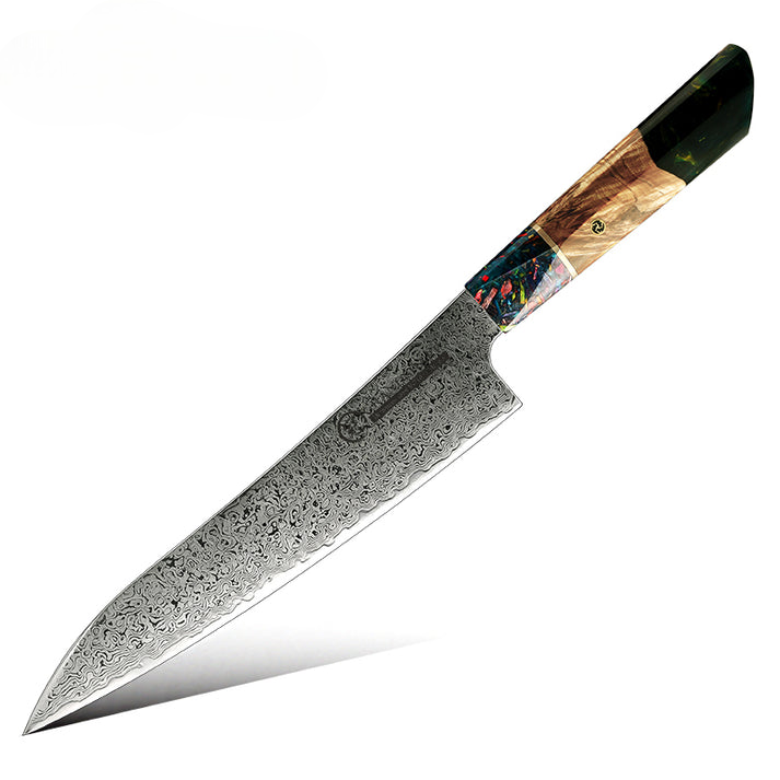 Damara Kensei 8.6 inch Damascus Chef Knife with Dark Green Emerald resin and solidified wood handle