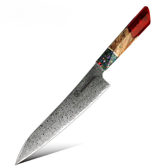 Damara Kensei 8.6 inch Chef Knife with Red Resin and solidified wood handle isolated on white
