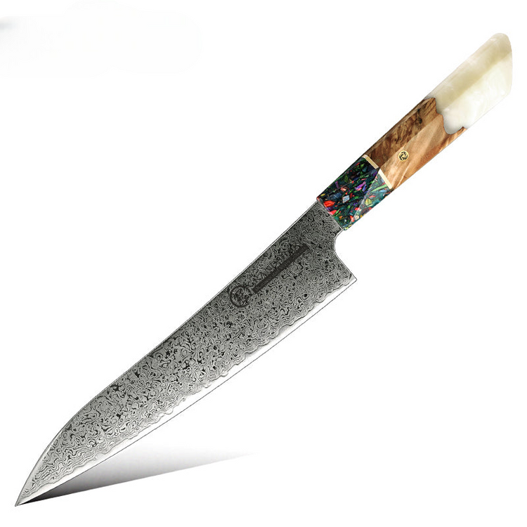 Damara Kensei 8.6 inch Damascus Chef Knife with White Marble resin handle and decorative abalone bolster