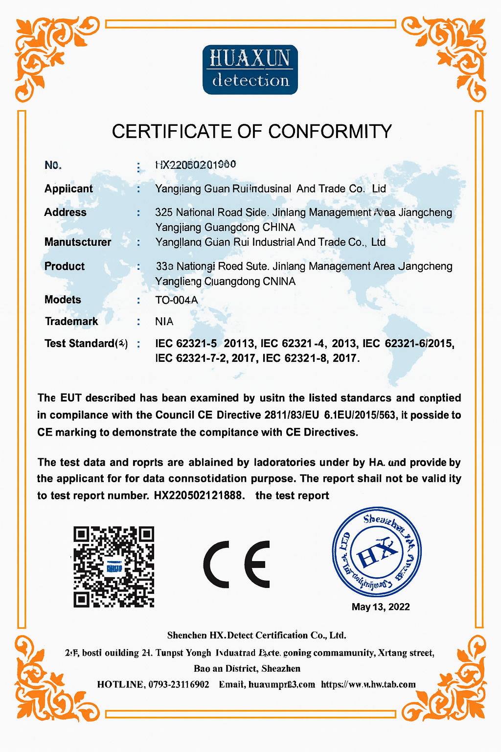 CE Certificate of Conformity for Damara kitchen knives confirming compliance with EU health and safety standards
