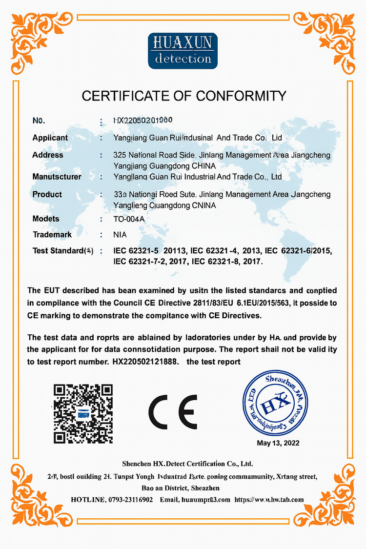 CE Certificate of Conformity for Damara kitchen knives confirming compliance with EU health and safety standards
