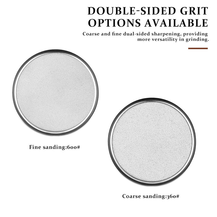 Replacement diamond grinding discs for rolling sharpener showing coarse 360 grit and fine 600 grit surfaces