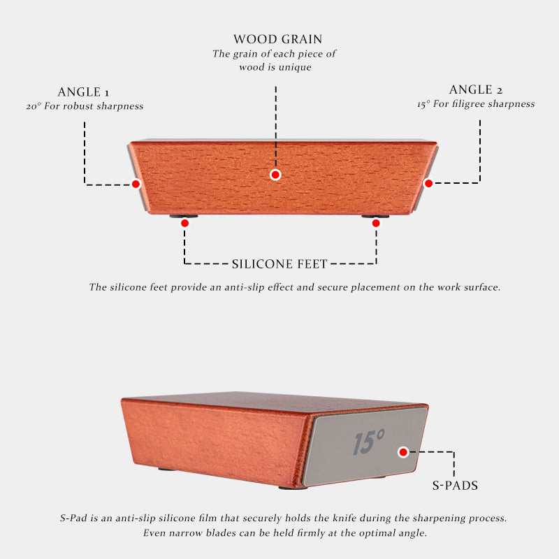 Close up view of knife blade attached to magnetic angle guide while rolling sharpener grinds the edge