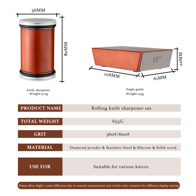 Technical specifications diagram of Damara rolling sharpener showing dimensions weights and material composition