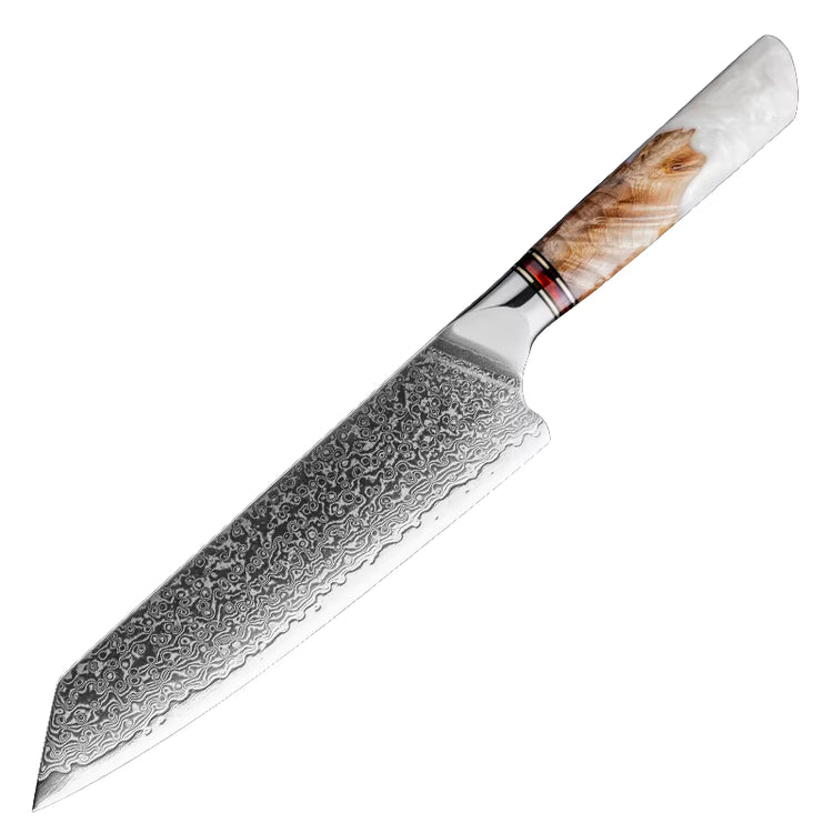 Damara Taisho 8 inch Kiritsuke knife with white resin and wood handle isolated on white background
