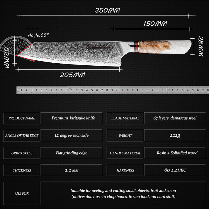 Technical specifications of Damara Taisho 8 inch Kiritsuke knife showing 222g weight and 60 HRC hardness
